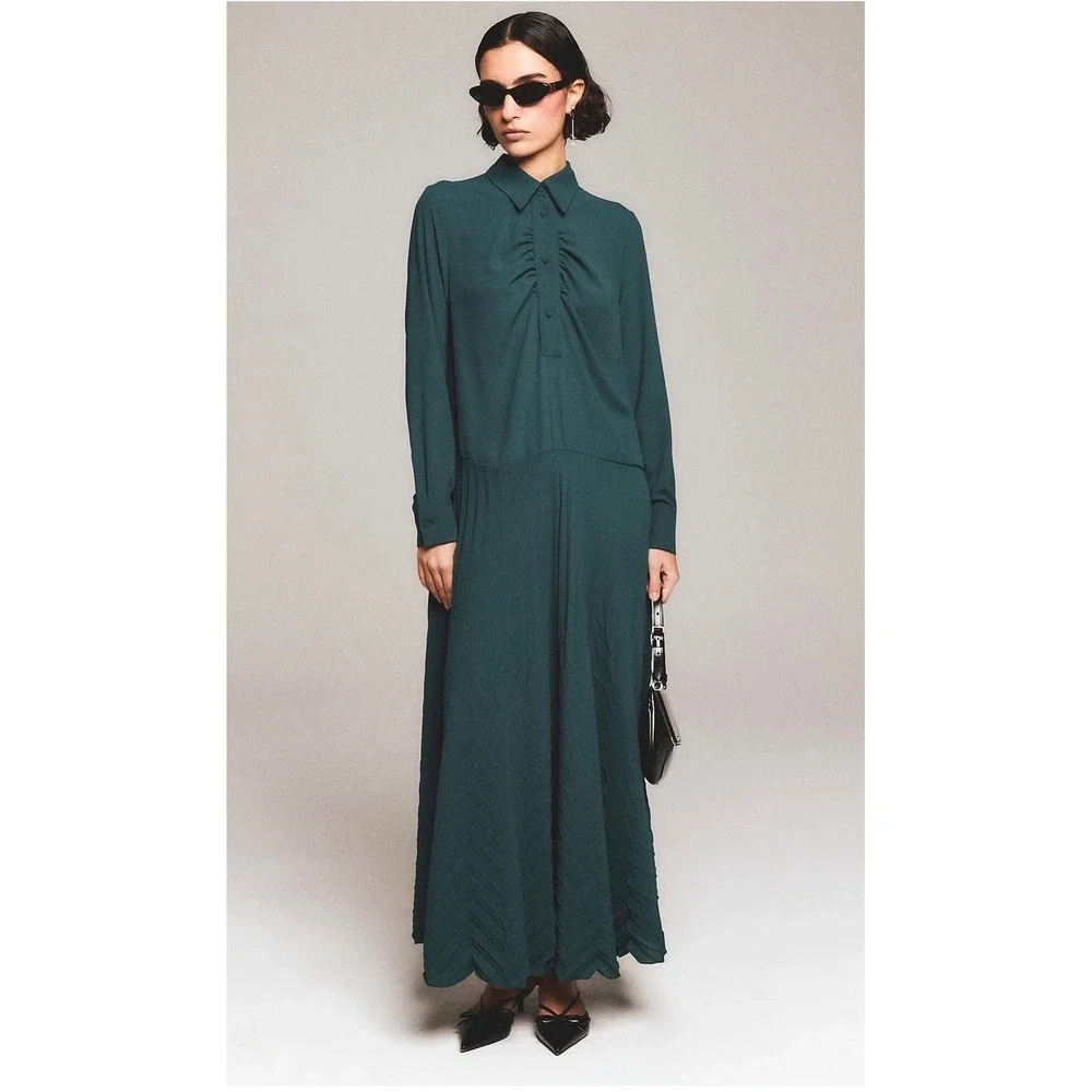 Milva Mi Shirt Dress Green Pleated Long Sleeve Belter Classy Maxi Modest Medium‎